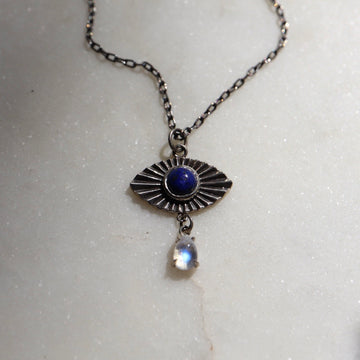 Lapis and Moonstone Eye Silver Necklace