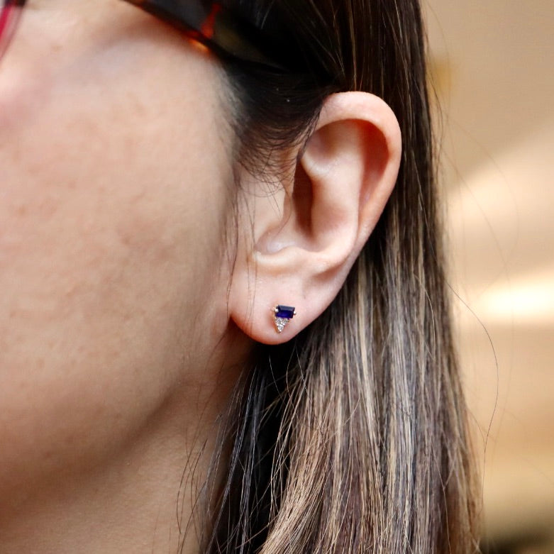 Geometric Diamond and Sapphire Stud Earrings