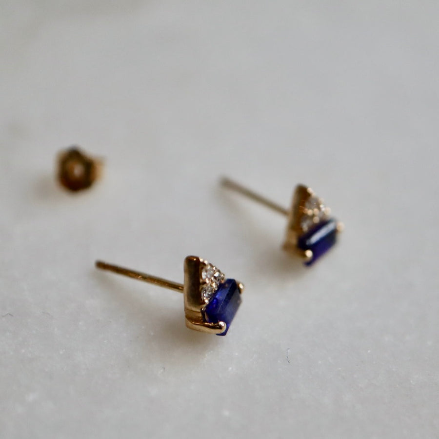 Geometric Diamond and Sapphire Stud Earrings
