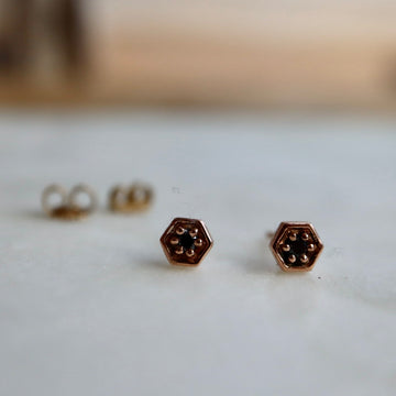 Rose Gold Hexagon Earrings with Black Diamonds