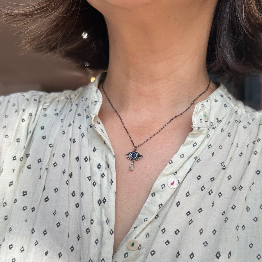 Lapis and Moonstone Eye Silver Necklace