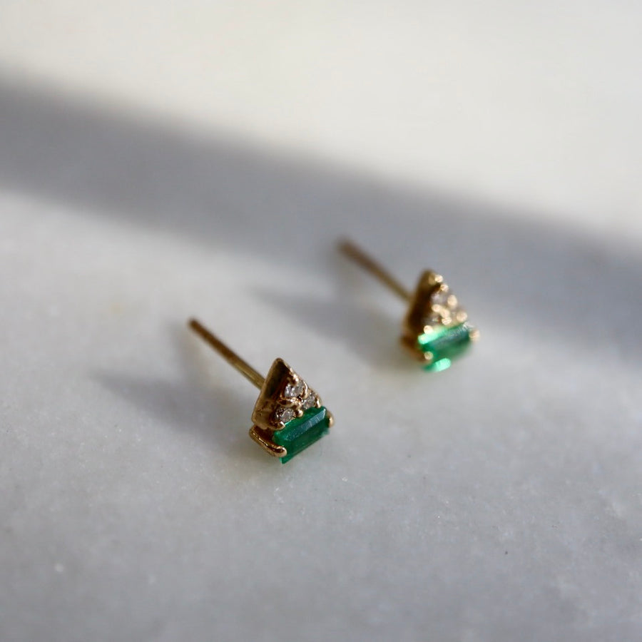 Geometric Diamond Emerald Stud Earrings