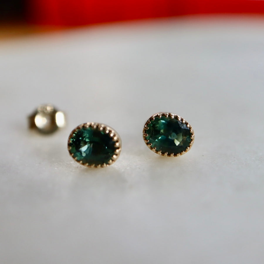 Mori Green Sapphire Oval Stud Earrings