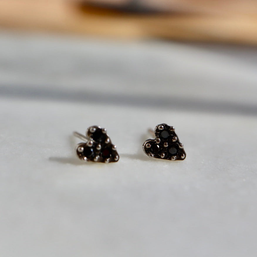 Silver + Black Diamond Heart Stud Earrings