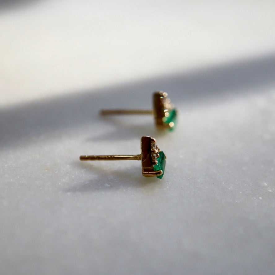 Geometric Diamond Emerald Stud Earrings