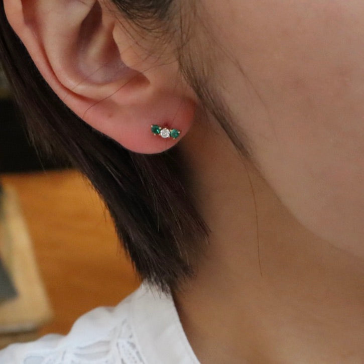 Emerald and Diamond Three Stone Stud Earrings