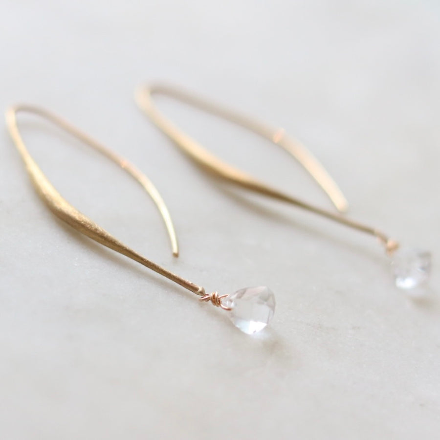 Gold Curved Bar Earrings with Moonstone Drops