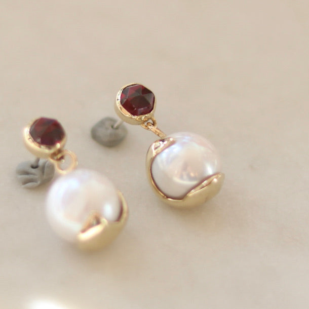 Garnet and Pearl POMME Dangling Earrings