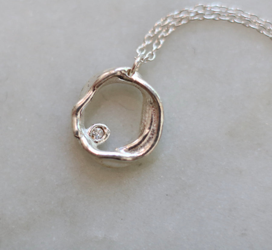 Silver Large Diamond Ripple Circle Necklace
