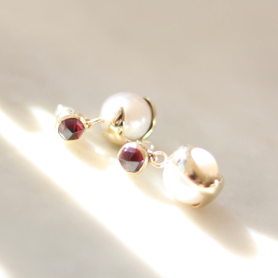 Garnet and Pearl POMME Dangling Earrings