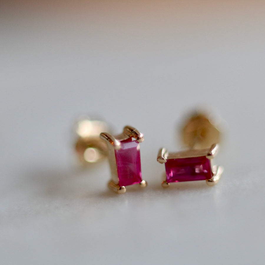 Rectangular Ruby Prong Set Earrings