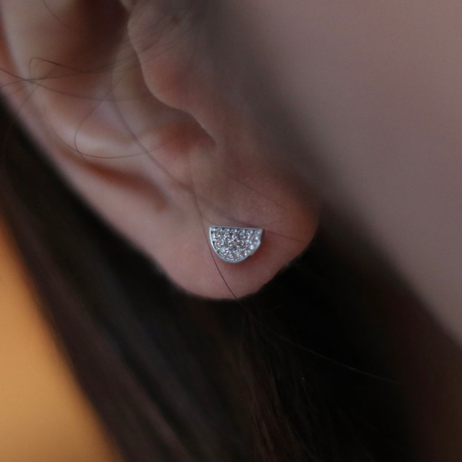 White Gold Semi-Circle Diamond Pave Earrings