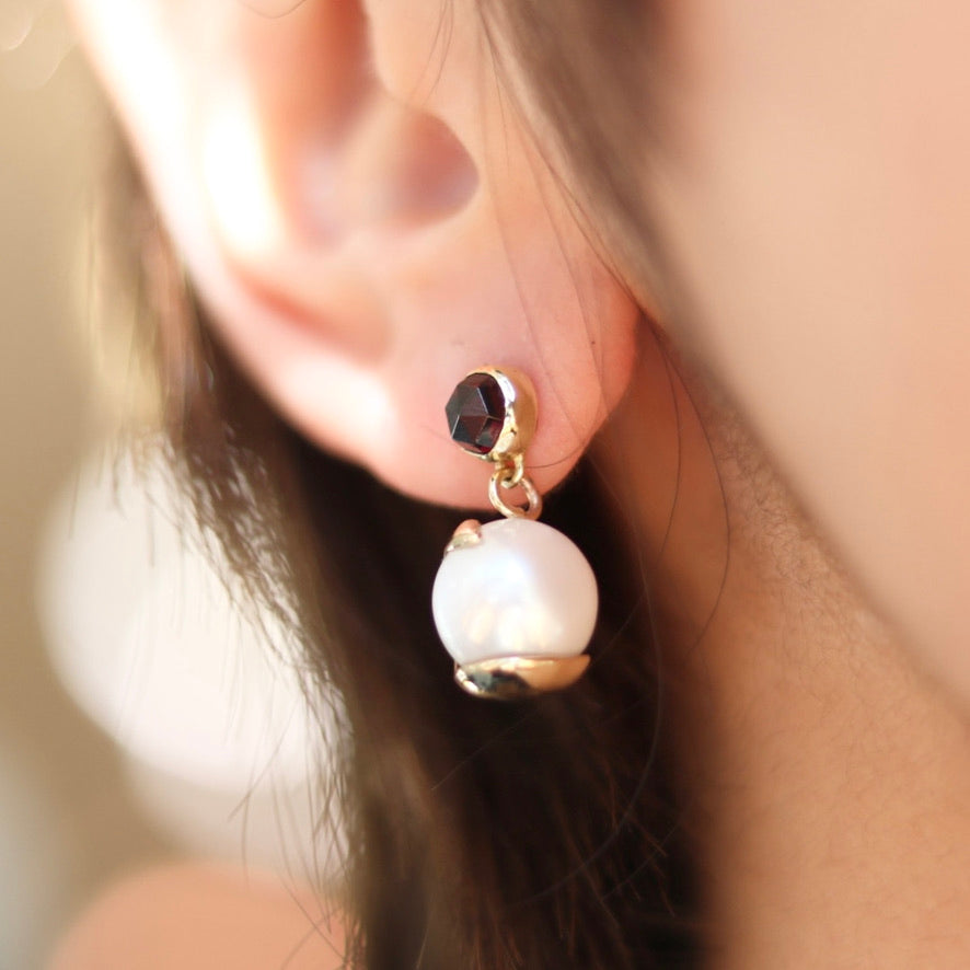 Garnet and Pearl POMME Dangling Earrings