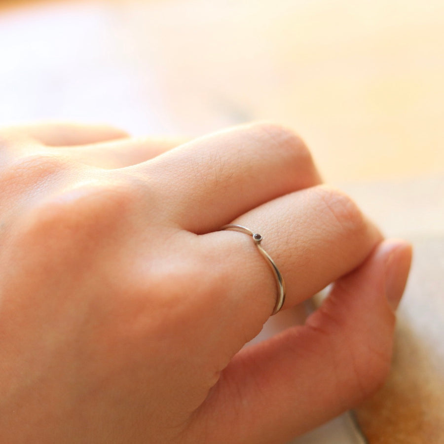Tiny Black Diamond Wave Silver Ring