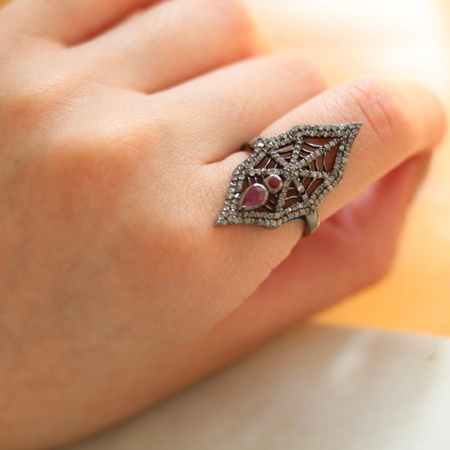 Diamond and Ruby Spider Web Ring