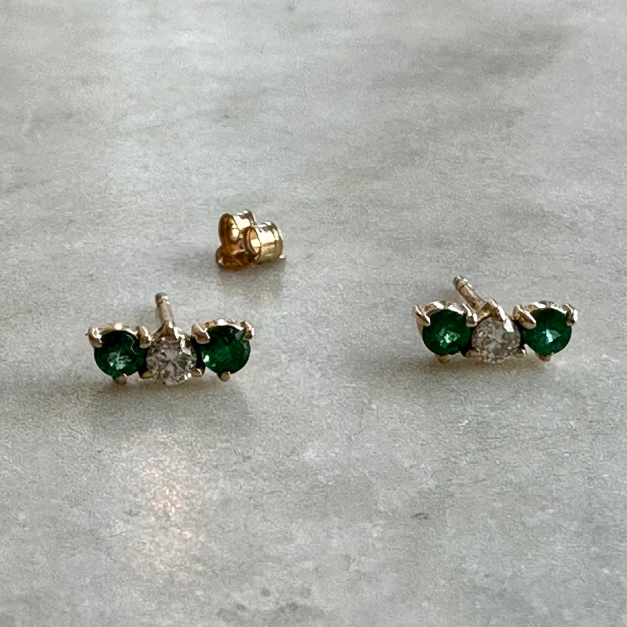 Emerald and Diamond Three Stone Stud Earrings