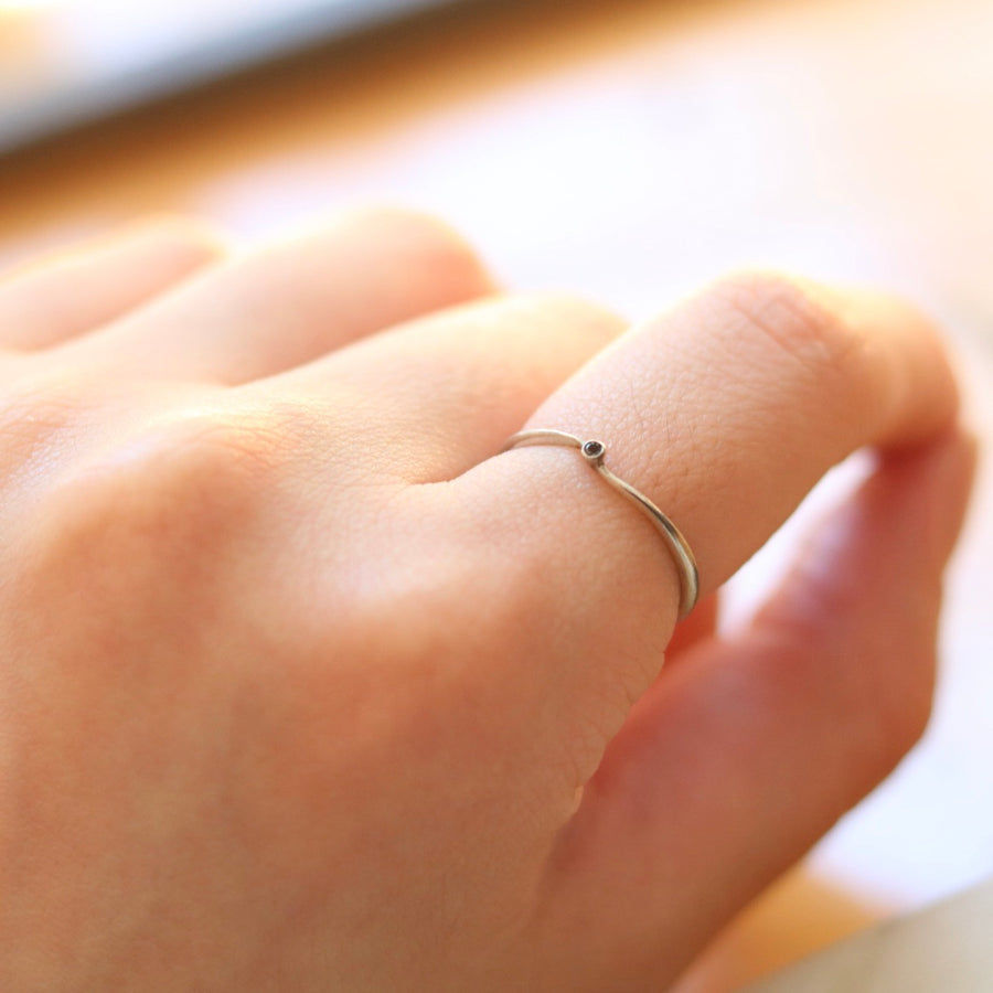 Tiny Black Diamond Wave Silver Ring