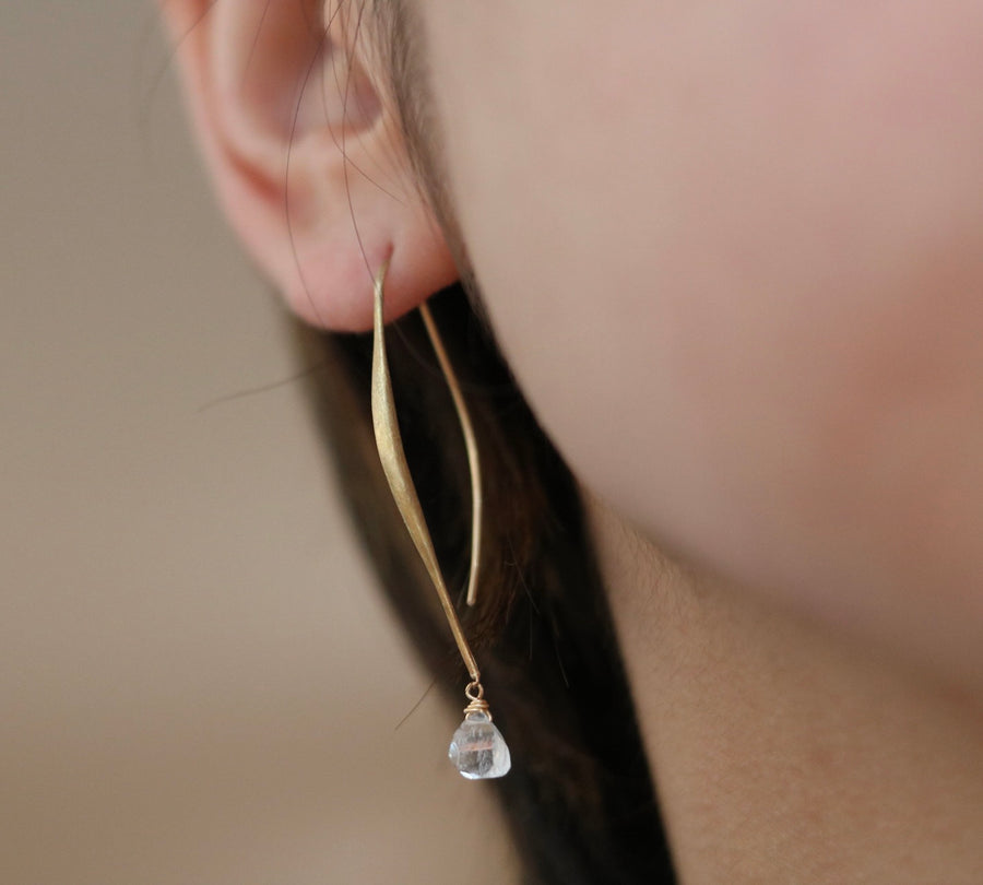 Gold Curved Bar Earrings with Moonstone Drops