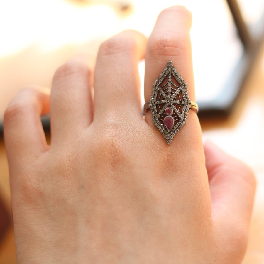 Diamond and Ruby Spider Web Ring