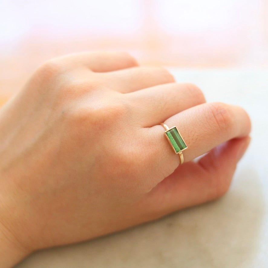 Rectangle Green Tourmaline Ring