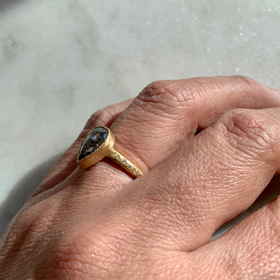 Pear Shape Dark Grey Diamond Ring